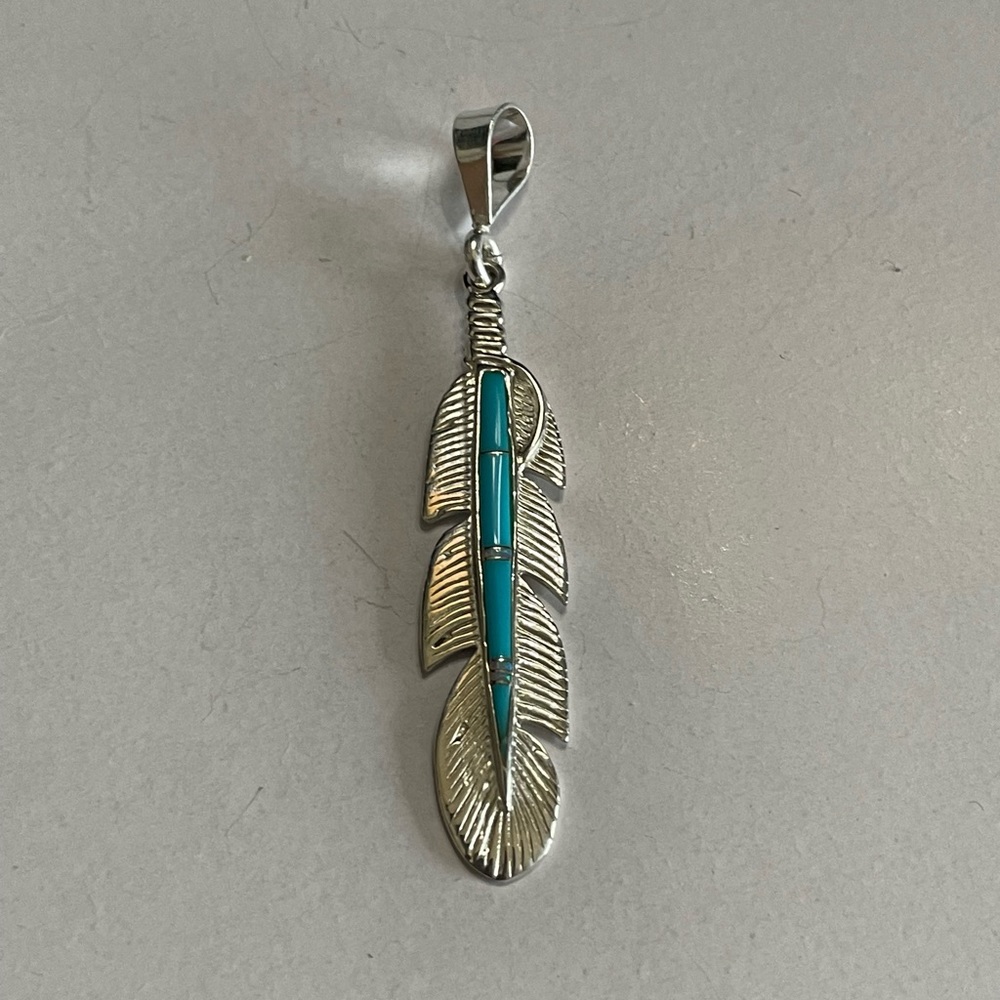 Sterling silver southwestern feather Pendant. Turquoise with Opal.